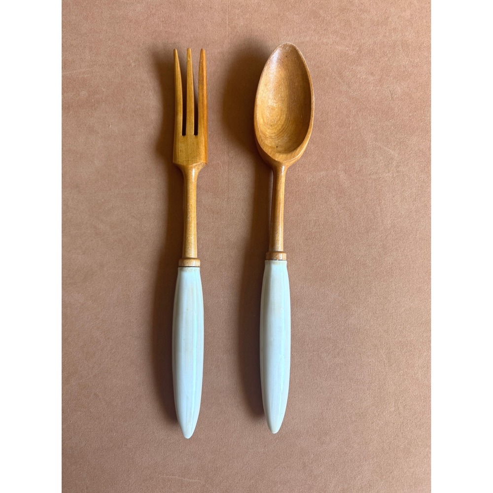 Vintage‎ Teak Wooden Salad Serving Danish Modern MCM Set White Ceramic Handles